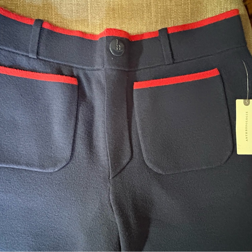 Anthropologie Maeve Navy Knit Pants w/ Red Trim | French Riviera Chic | M | NWT